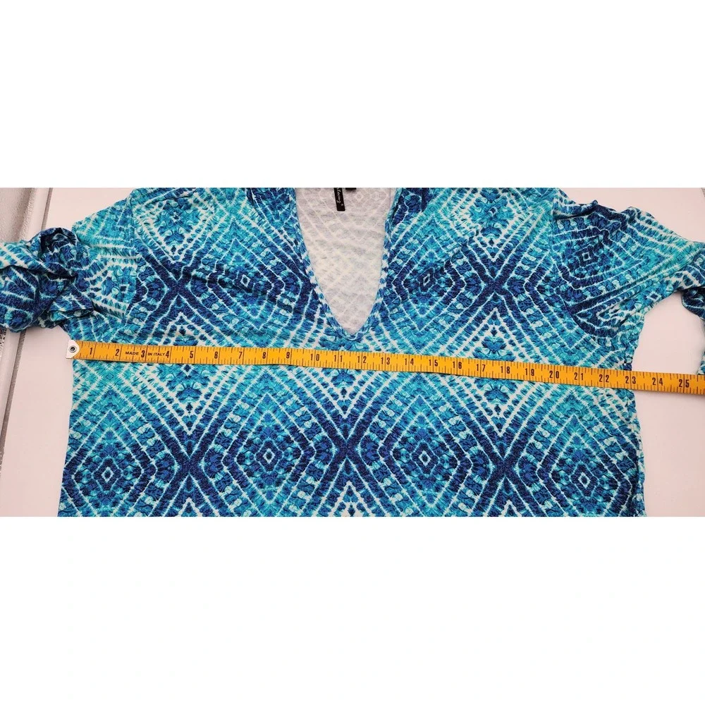 Portocruz Hooded Swim Tunic Cover Up Women L Blue Ikat Geometric 3/4 Sleeve